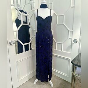 Vtg. A.J. BARI Blue Silk Beaded Art Deco Evening Gown - Size 8